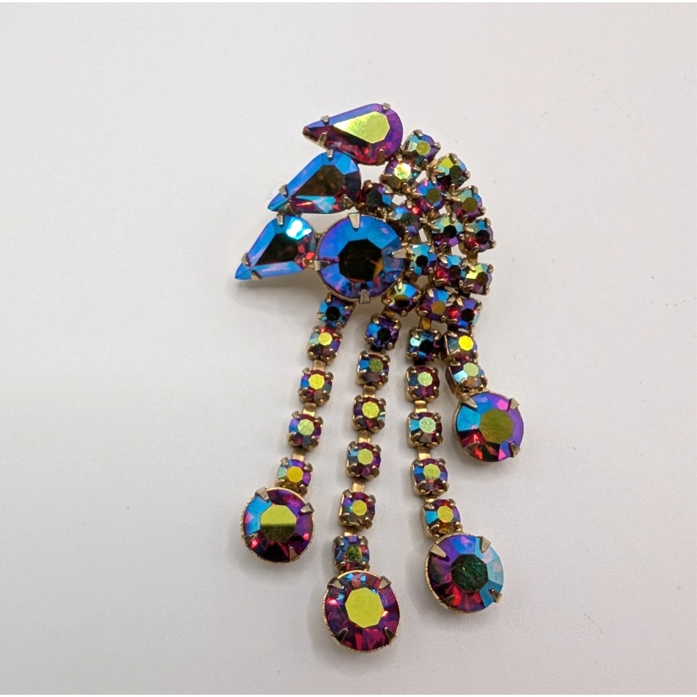 Vintage Red Aurora Borealis Rhinestone Waterfall Dangle Statement Brooch Pin